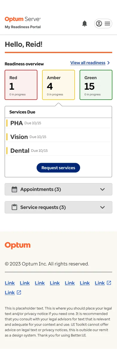 Readiness dashboard screen