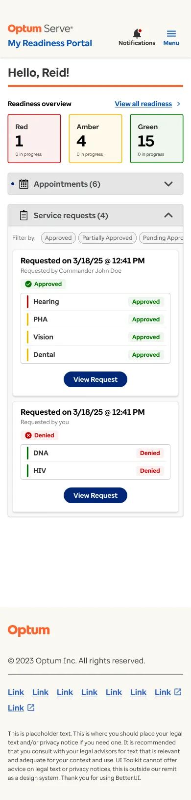 Service request screen
